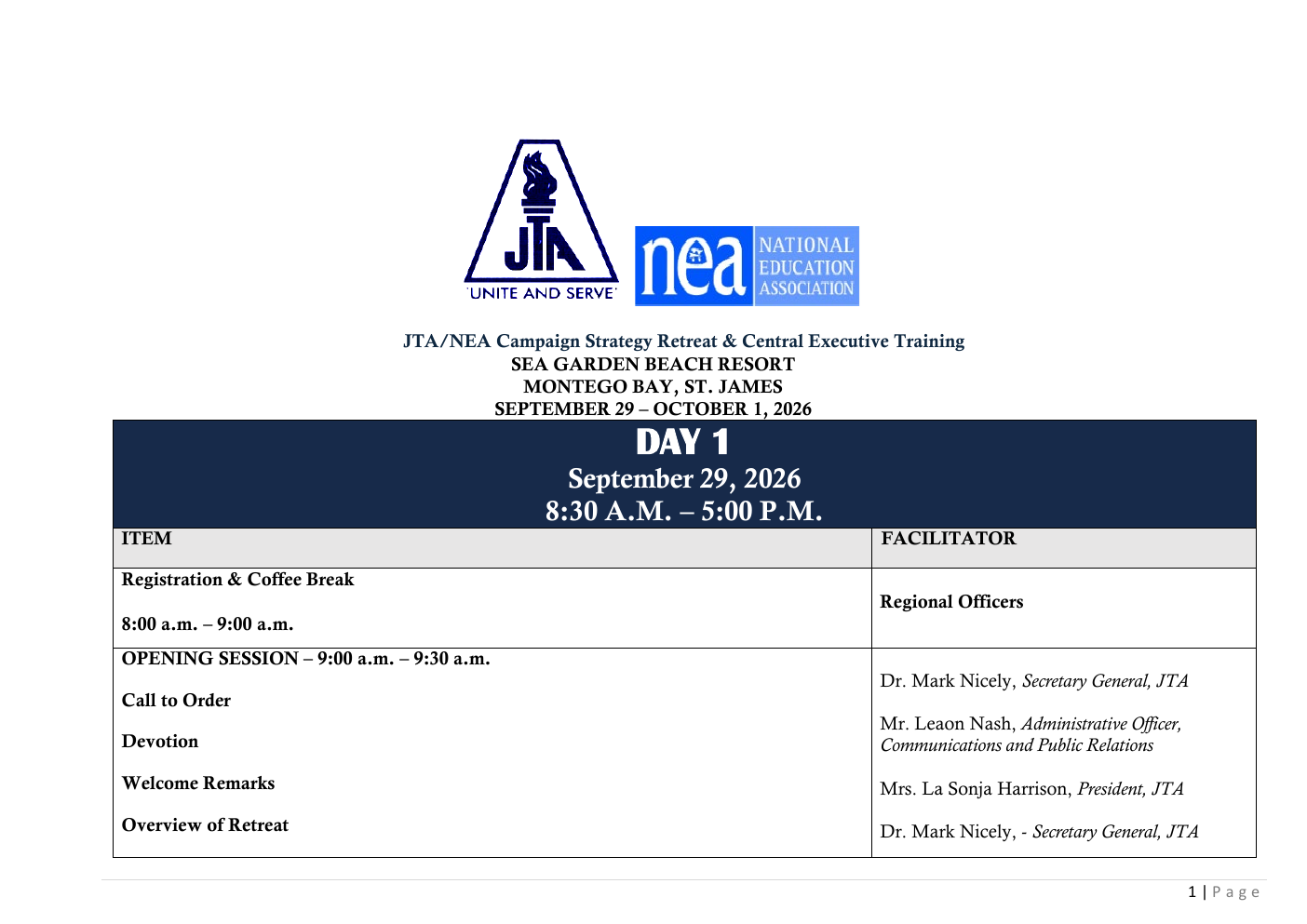 Preview of Agenda – JTA/NEA Training
